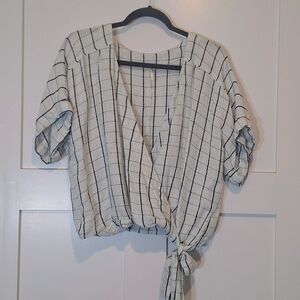 Free People Windowpane Wrap Blouse Top Front Tie Linen Cotton White Black XS